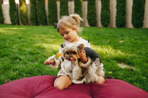 Child with puppy sitting on the lawn on backyard.